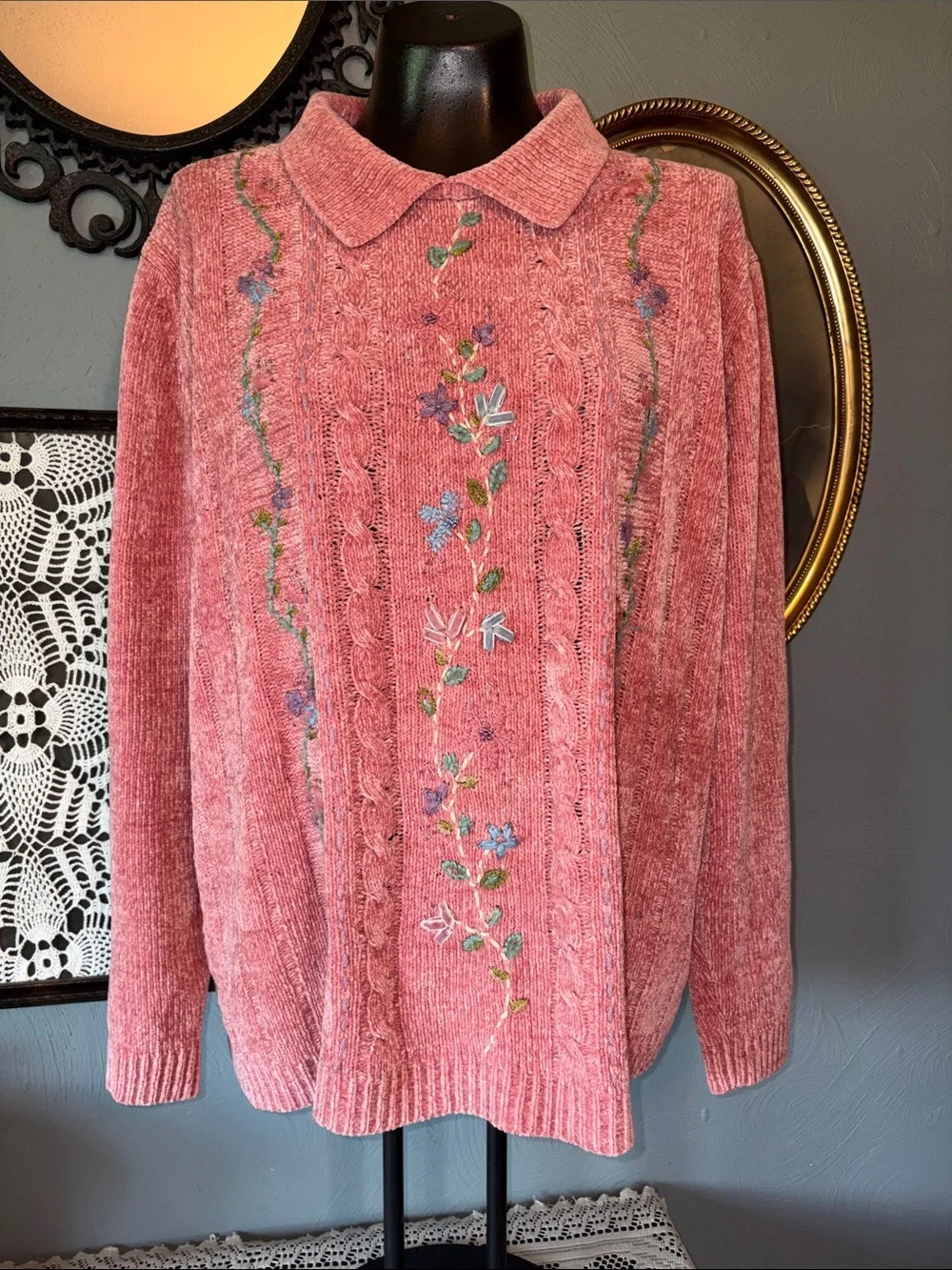 Alfred Dunner Rose Pink Cable-Knit Sweater with Floral Embroidery
